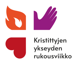 Kristittujen ykseyden rukousviikon logo, jossa on sydän, käsi ja tulen symboli.